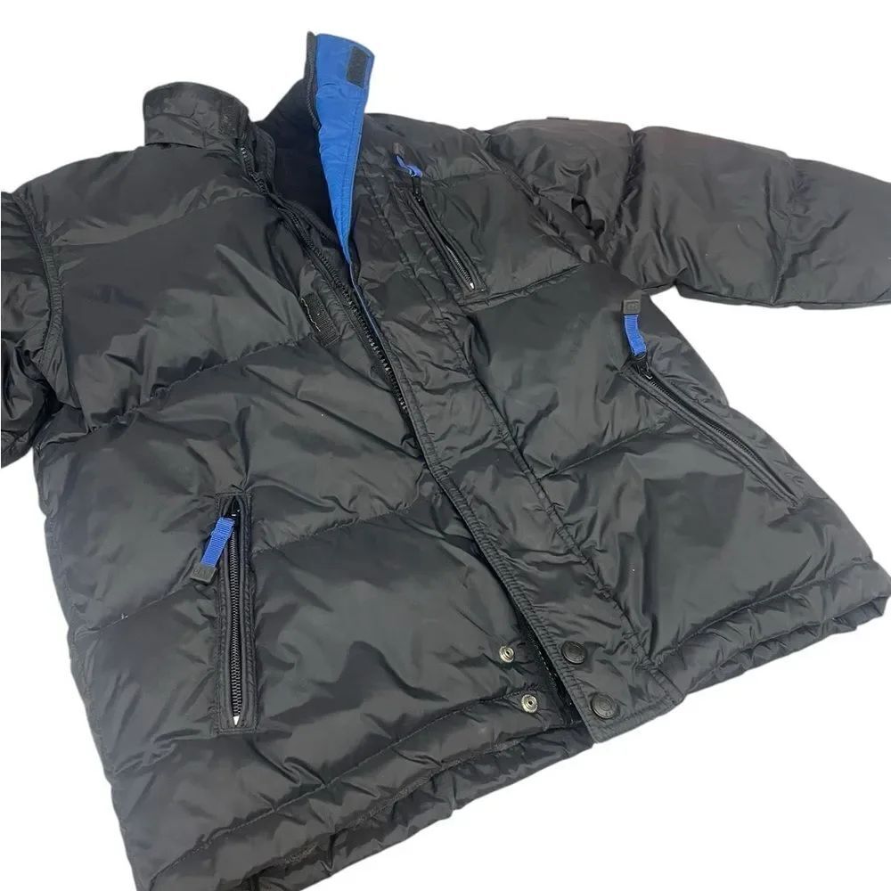 Black Puffer Jacket with Blue Accents